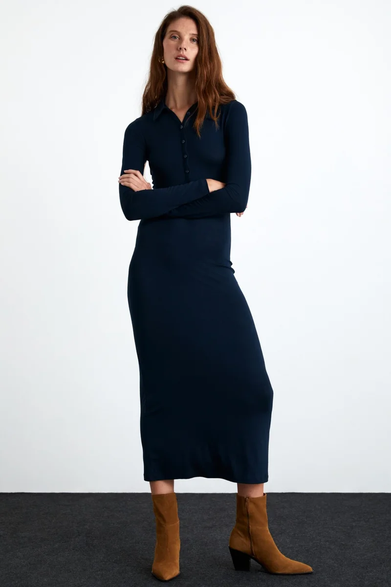 GRIMELANGE Saıdy Women's Viscose Blend Shirt Collar Slim Fit Navy Blue Dress