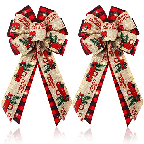 Giegxin 2 Pcs Large Lighted LED Red Bows 18 x 10 Inch for Christmas Tree Topper Pre Giltter Wreath Bow for Holiday Wreath Windows Ornaments Door Indoor Outdoor Wall DecorBuffalo Plaid - Image 1