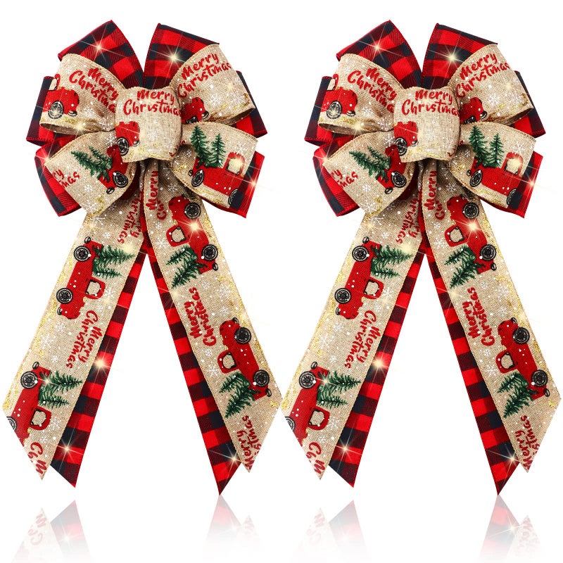 Giegxin 2 Pcs Large Lighted LED Red Bows 18 x 10 Inch for Christmas Tree Topper Pre Giltter Wreath Bow for Holiday Wreath Windows Ornaments Door Indoor Outdoor Wall DecorBuffalo Plaid - Image 2