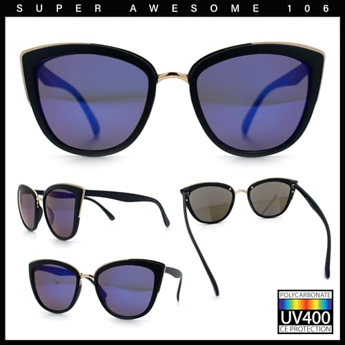 SA106 Womens Color Mirror Mirrored Lens Oversize Cat Eye Sunglasses Black Blue - Image 2