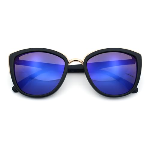 SA106 Womens Color Mirror Mirrored Lens Oversize Cat Eye Sunglasses Black Blue - Image 1
