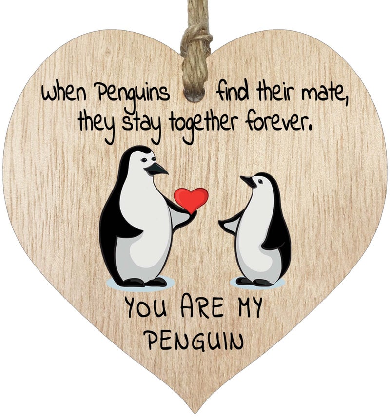 You are My Penguin Anniversary Hanging Wooden Heart Sign Plaque Cute Valentines Birthday for Girlfriend Wife Light Wood Hearts Sign Sweet Romantic I Love You Gifts for Her Him