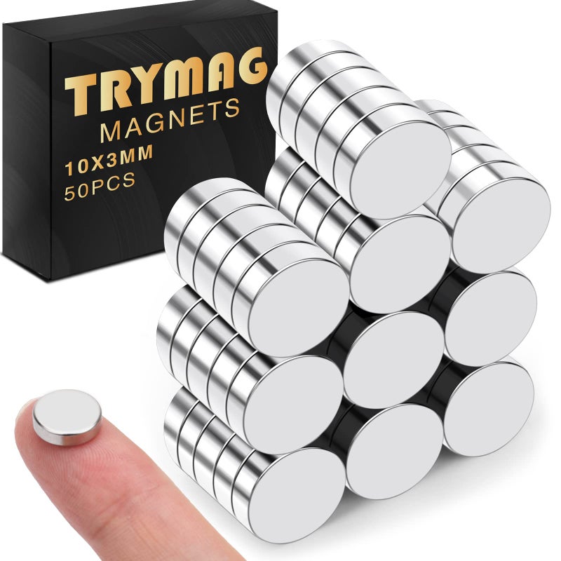TRYMAG Small 10x3mm Rare Earth Magnets, 50Pcs Strong Neodymium Tiny Round Fridge Magnets for Whiteboard, Refrigerator, DIY, Kitchen, Office - Image 1