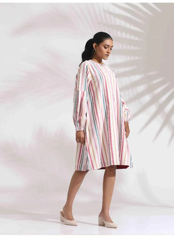 ترو برونز trueBrowns Off-White Cotton Multi Stripe Short Dress