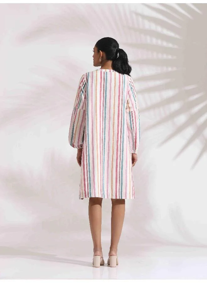 ترو برونز trueBrowns Off-White Cotton Multi Stripe Short Dress