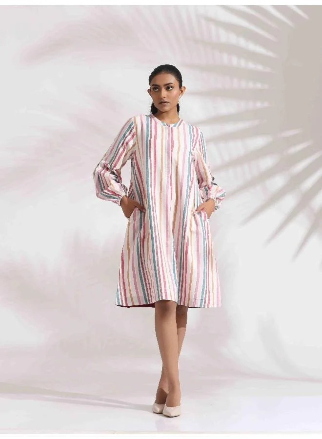 ترو برونز trueBrowns Off-White Cotton Multi Stripe Short Dress
