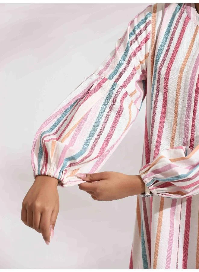 ترو برونز trueBrowns Off-White Cotton Multi Stripe Short Dress