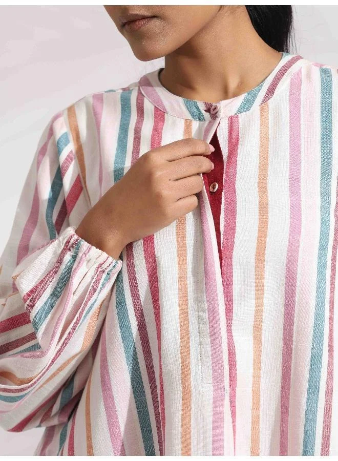 ترو برونز trueBrowns Off-White Cotton Multi Stripe Short Dress