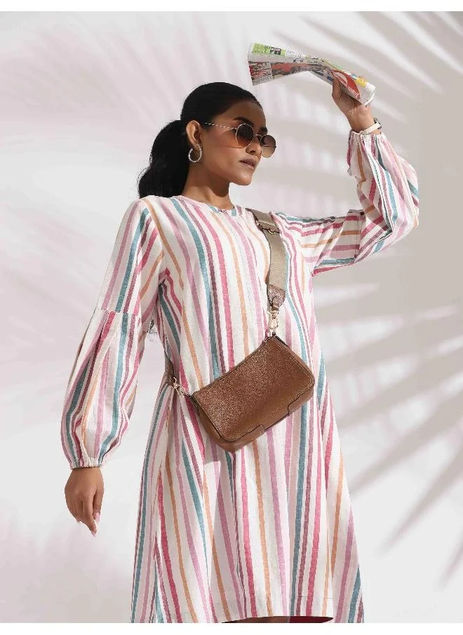 ترو برونز trueBrowns Off-White Cotton Multi Stripe Short Dress