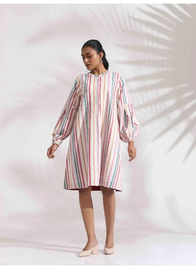 ترو برونز trueBrowns Off-White Cotton Multi Stripe Short Dress