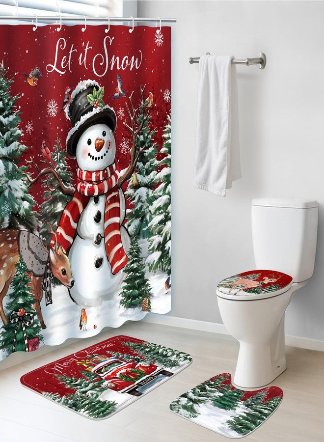 snaxuda Christmas Shower Curtain Sets,4pcs Home Winter Bathroom Decor Set with Snowman Shower Curtain,Bath Mat,U-Shaped Rugs and Toilet Lid Cover with 12 Hooks - Image 1