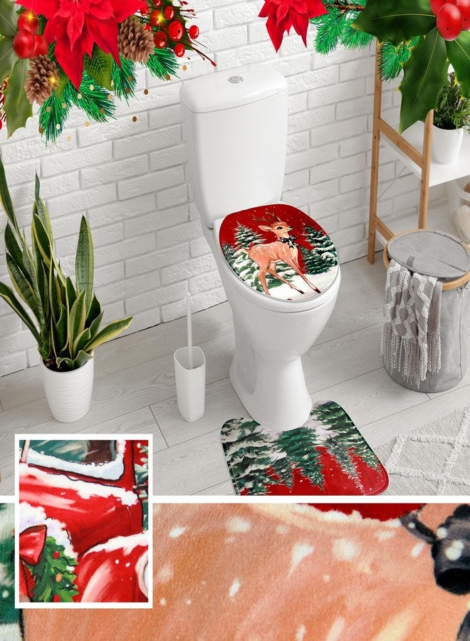 snaxuda Christmas Shower Curtain Sets,4pcs Home Winter Bathroom Decor Set with Snowman Shower Curtain,Bath Mat,U-Shaped Rugs and Toilet Lid Cover with 12 Hooks - Image 3