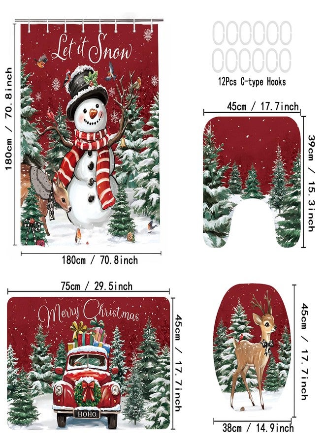 snaxuda Christmas Shower Curtain Sets,4pcs Home Winter Bathroom Decor Set with Snowman Shower Curtain,Bath Mat,U-Shaped Rugs and Toilet Lid Cover with 12 Hooks - Image 2