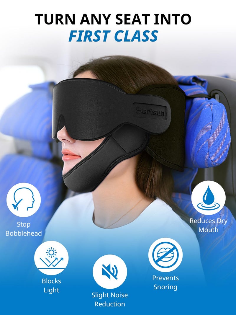 SARISUN Airplane Pillow Combo with Chin Strap, Travel Pillows for Airplanes with Sleep Eye Mask, Plane Pillow for Long Flights, Car Road Trip, 360Â° Headrest, Stop Bobblehead, Black - Image 3