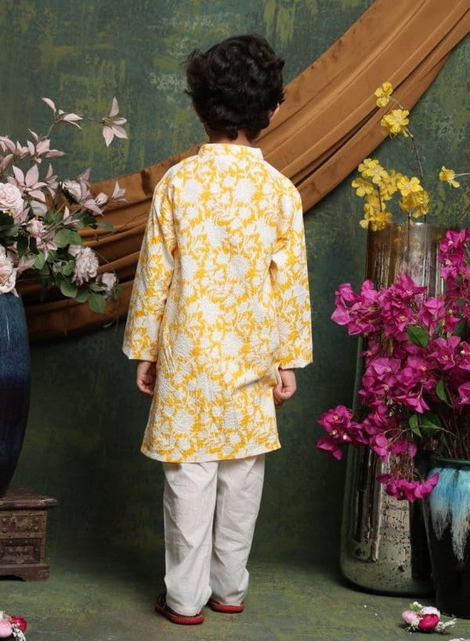 Saka Designs Boys Floral Kurta with White Pajama Set | Yellow - 2-3years - Image 2