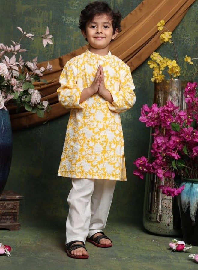 Saka Designs Boys Floral Kurta with White Pajama Set | Yellow - 2-3years - Image 5