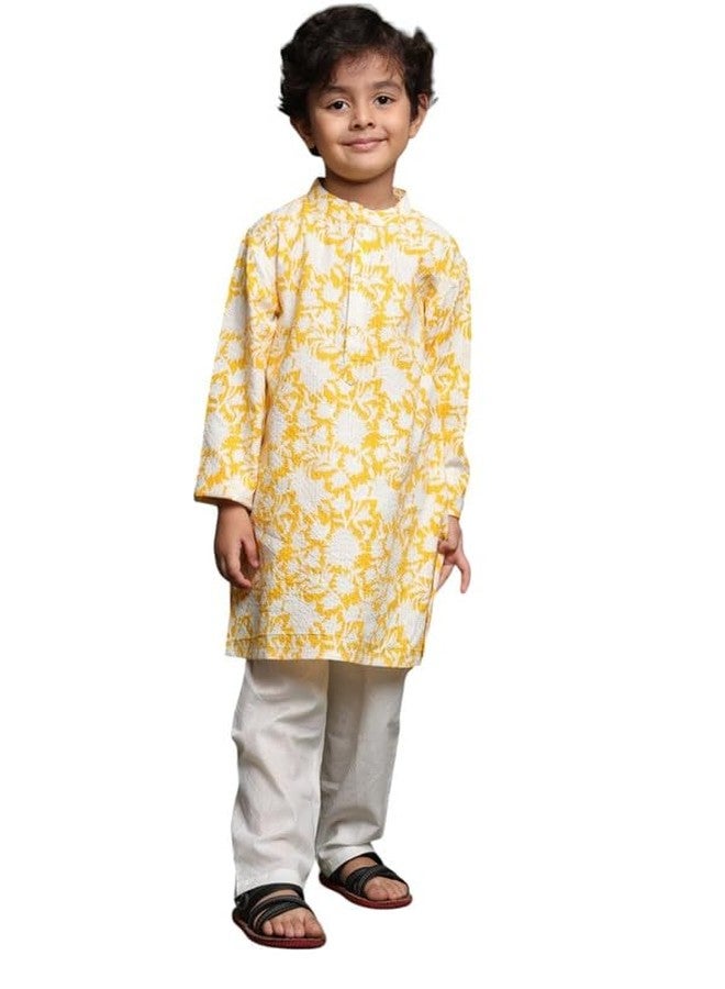 Saka Designs Boys Floral Kurta with White Pajama Set | Yellow - 2-3years - Image 1