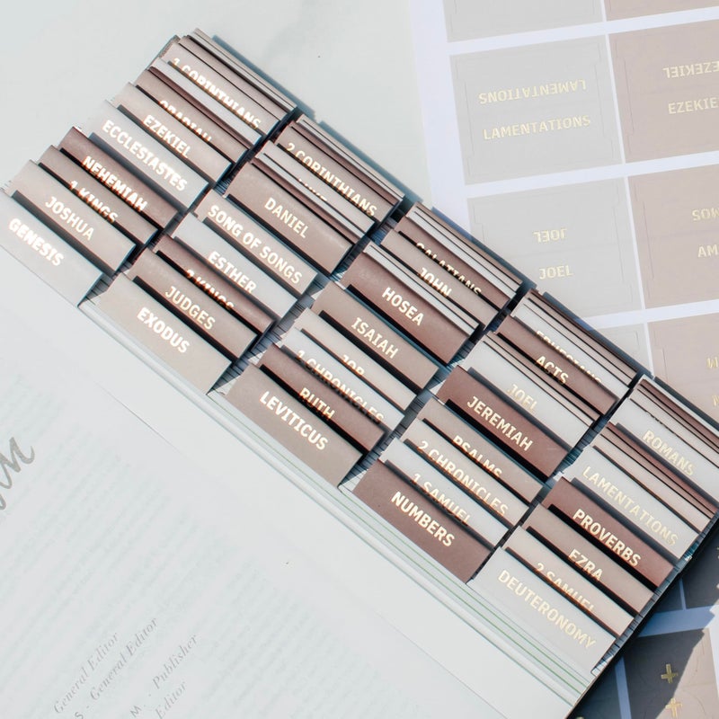 Daybreak 41 Decorative Bible Tabs for Women (96 Pieces) - Earth Tone Neutral Gold Foil Bible Tabs - Laminated Bible Labels Tabs â€“ Remove & Replace Bible Index Tabs - Bible Study Supplies for Women (Oak) - Image 1