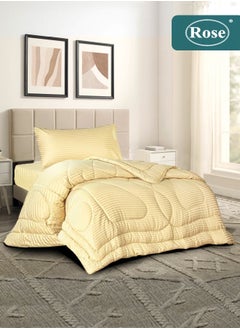 Rose ROSE Classic Luxury Hotel Striped Comforter, Premium Microfiber, Set of 3 pieces, Soft Lightweight, Extra Twin size 170x260 cm, Gold  - Image 1