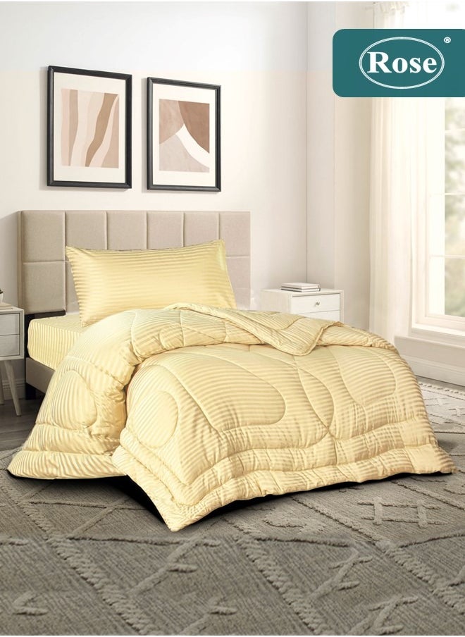 Rose ROSE Classic Luxury Hotel Striped Comforter, Premium Microfiber, Set of 3 pieces, Soft Lightweight, Extra Twin size 170x260 cm, Gold  - Image 1