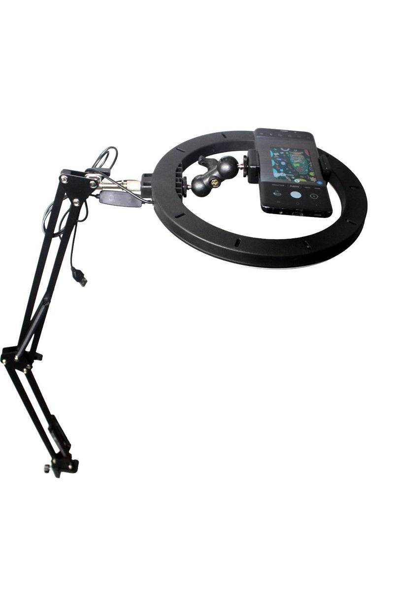 SHOPEE NO Shade Overhead Video Mobile Stand with 10" Selfie Ring Light | Metal Double Ball arm 1/4" Adaptor | for Camera, GoPro and Mobile Bracket for Desktop, Bedroom, Office - Image 1