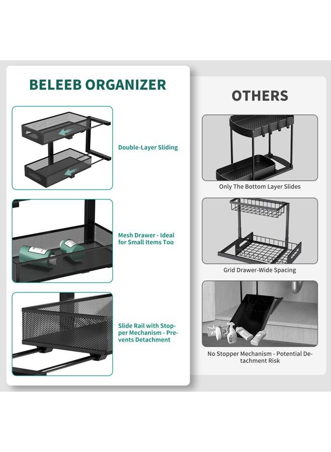 Beleeb Under Sink Organizer, 1 Pack 2 Tier Metal Slide Out Pull Out Cabinet Organizer Shelf, Height Adjustable Organization and Storage Series, Bathroom/Desktop/Cabinet/Kitchen organization, Black - Image 4