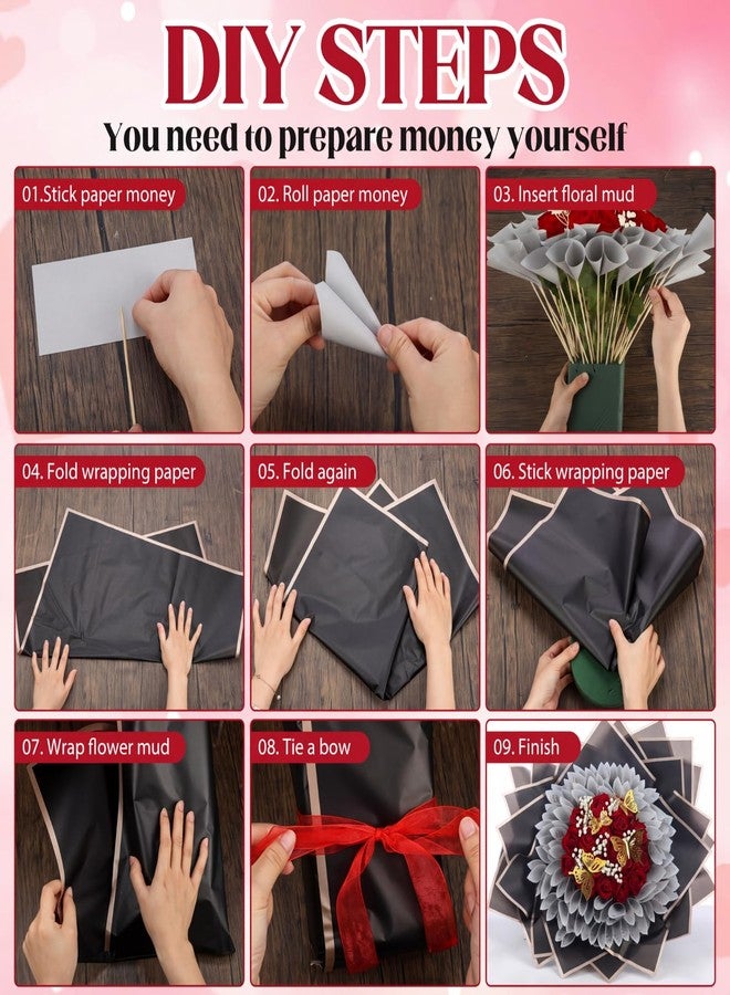 Marspark Graduation Money Bouquet Flower Kit Gift Included 20 Sheet Flower Wrapping Paper 36 Fake Flowers 100 Bamboo Skewer Floral Foam Block for Mother's Day Anniversary Wedding(Red,Classic - Image 3