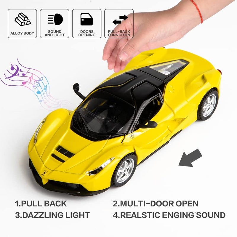 Model Car Compatible for 1/32 Ferrari Race and Play LaFerrari Pull Back Diecast Toy Vehicles with Light and Sound Toy Car for Kids Boys Gift (Yellow) - Image 3