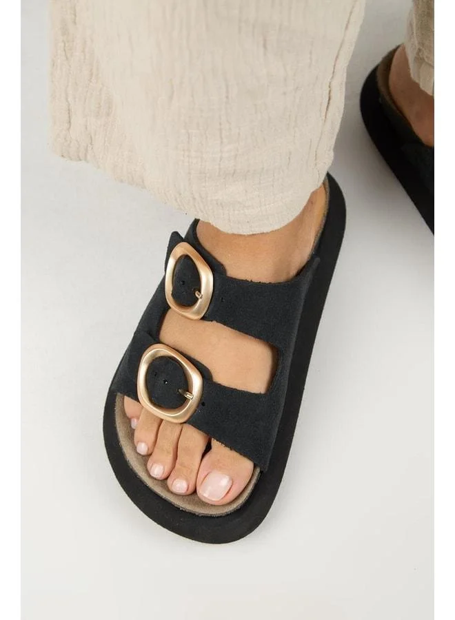 Narducci Women's Genuine Leather Double Buckle Black Slippers.