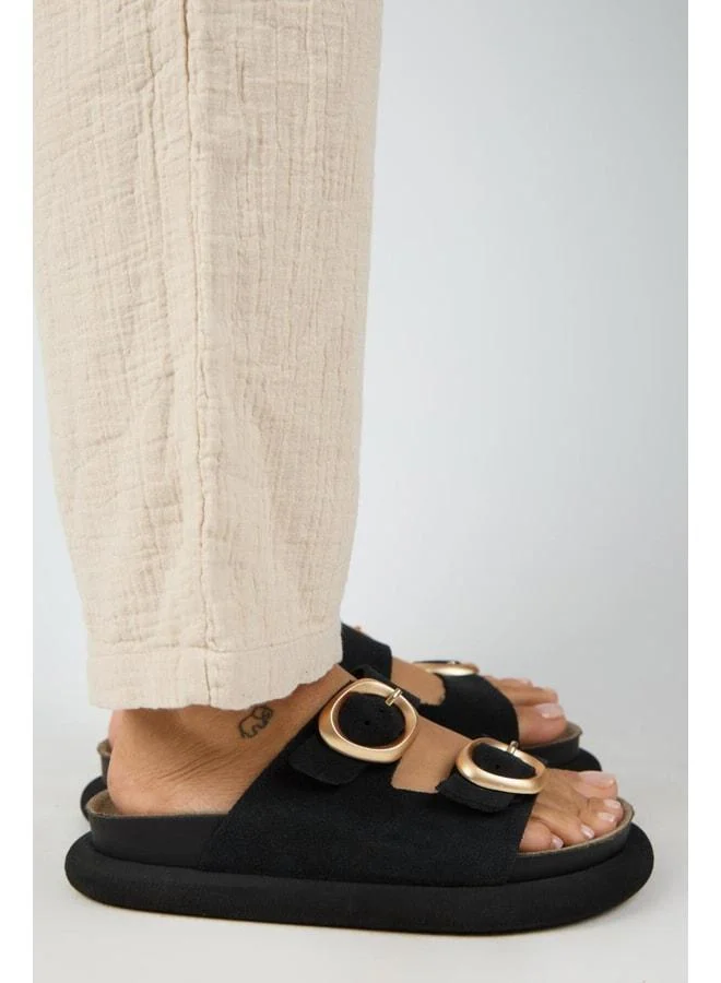 Manijero  Narducci Women's Genuine Leather Double Buckle Black Slippers. for Women | Best Price UAE
