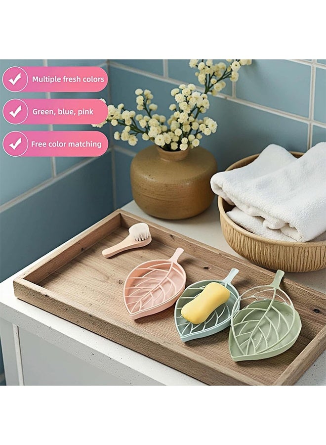 Quantum 3 Pcs Leaf-Shaped Double-Layer Soap Holder, Detachable Soap Dish Drain Rack Bathroom Organizer, Suitable for Shower Rooms, Bathrooms, Bathtubs and Kitchen Sinks, No Drilling Required for The Tray (Pastel Green/Blue/Pink) - Image 4