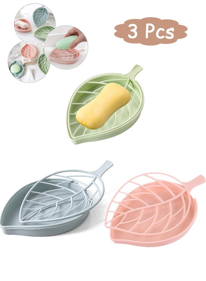 Quantum 3 Pcs Leaf-Shaped Double-Layer Soap Holder, Detachable Soap Dish Drain Rack Bathroom Organizer, Suitable for Shower Rooms, Bathrooms, Bathtubs and Kitchen Sinks, No Drilling Required for The Tray (Pastel Green/Blue/Pink) - Image 1