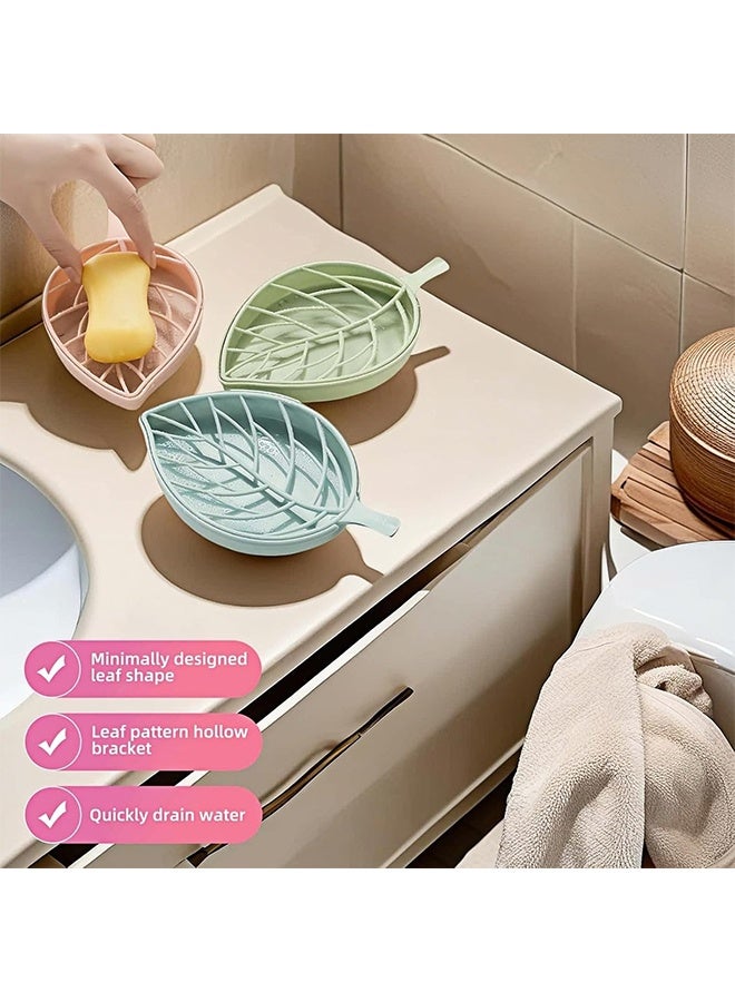 Quantum 3 Pcs Leaf-Shaped Double-Layer Soap Holder, Detachable Soap Dish Drain Rack Bathroom Organizer, Suitable for Shower Rooms, Bathrooms, Bathtubs and Kitchen Sinks, No Drilling Required for The Tray (Pastel Green/Blue/Pink) - Image 5