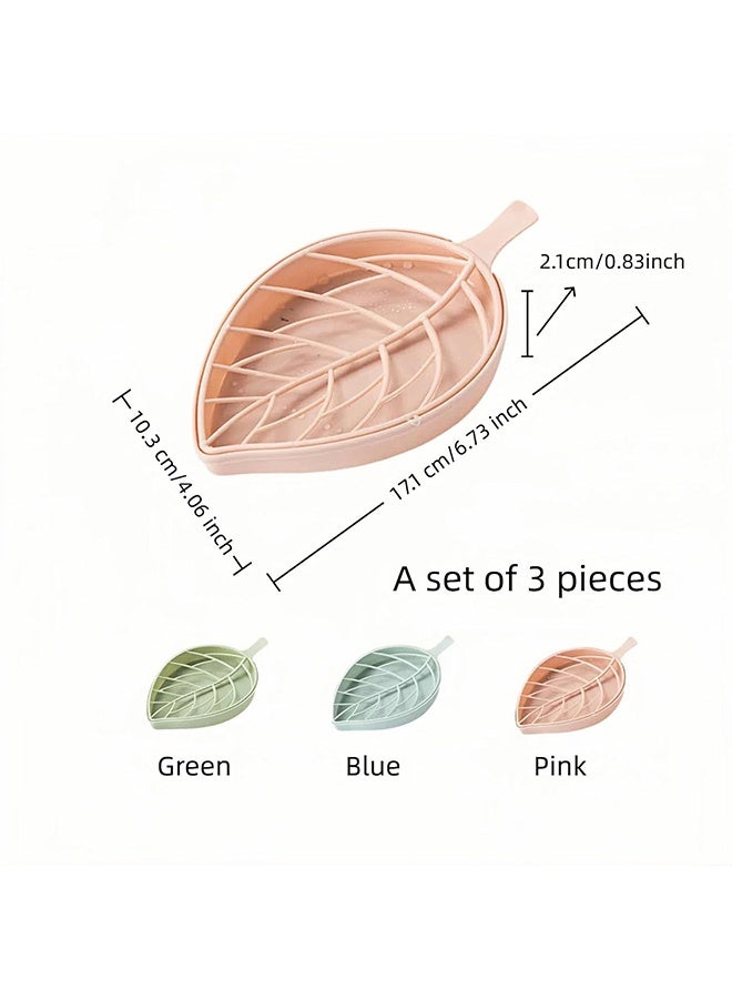 Quantum 3 Pcs Leaf-Shaped Double-Layer Soap Holder, Detachable Soap Dish Drain Rack Bathroom Organizer, Suitable for Shower Rooms, Bathrooms, Bathtubs and Kitchen Sinks, No Drilling Required for The Tray (Pastel Green/Blue/Pink) - Image 2