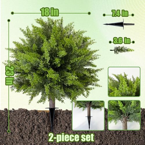 DOPGIB Artificial Cedar Topiary Ball Tree with Ground Spike: 23 Inch 2 Pack UV Resistant Faux Green Cypress Shrubs Plants Fake Bushes for Front Porch, Garden, Indoor and Outdoor Home Decor - Image 2