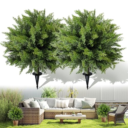 DOPGIB Artificial Cedar Topiary Ball Tree with Ground Spike: 23 Inch 2 Pack UV Resistant Faux Green Cypress Shrubs Plants Fake Bushes for Front Porch, Garden, Indoor and Outdoor Home Decor - Image 1