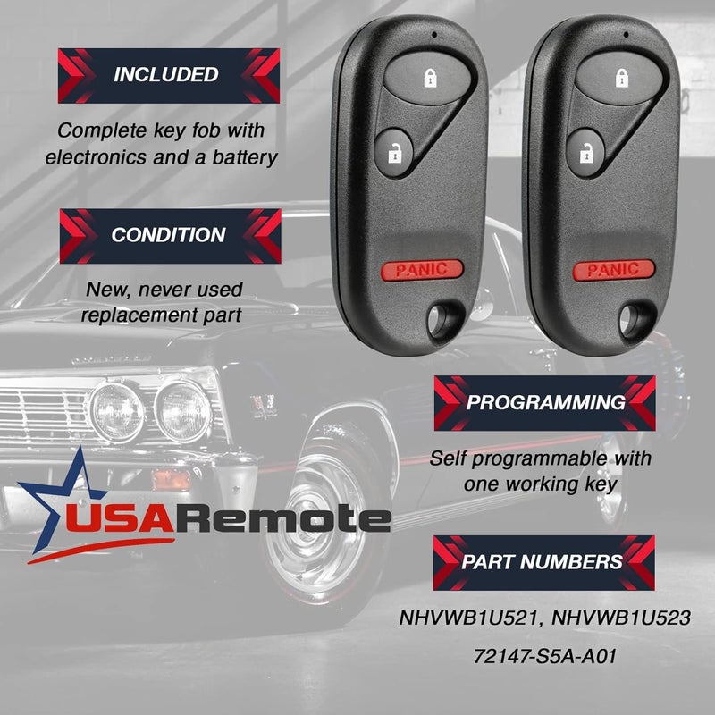 USARemote 2 Key Fob Keyless Entry Remote fits Honda Civic EX LX DX 2001 2002 2003 2004 2005 / Honda Pilot 2003 2004 2005 2006 2007 - Image 3