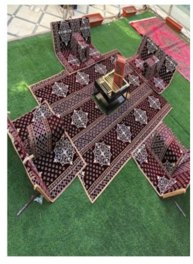 سمارت هوم مجموعة جلوس أرضية تراثية مكونة من 9 قطع مناسبة للسفر والرحلات البرية والحديقة , طقم فرشة تخييم ارضية مع اربع مراكى و 4 كراسي وبساط من القماش عالي الجودة يكفي ل 8 أشخاص (قماش تركي) - Image 1