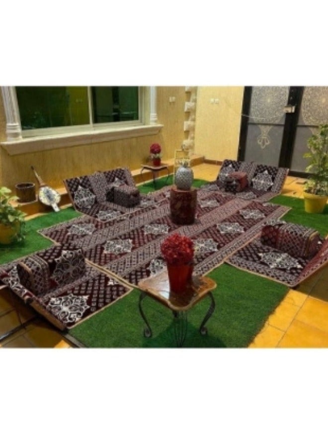 سمارت هوم مجموعة جلوس أرضية تراثية مكونة من 9 قطع مناسبة للسفر والرحلات البرية والحديقة , طقم فرشة تخييم ارضية مع اربع مراكى و 4 كراسي وبساط من القماش عالي الجودة يكفي ل 8 أشخاص (قماش تركي) - Image 3