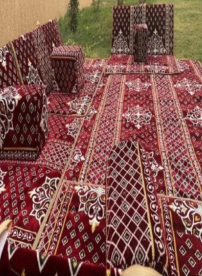 سمارت هوم مجموعة جلوس أرضية تراثية مكونة من 9 قطع مناسبة للسفر والرحلات البرية والحديقة , طقم فرشة تخييم ارضية مع اربع مراكى و 4 كراسي وبساط من القماش عالي الجودة يكفي ل 8 أشخاص (قماش تركي) - Image 5