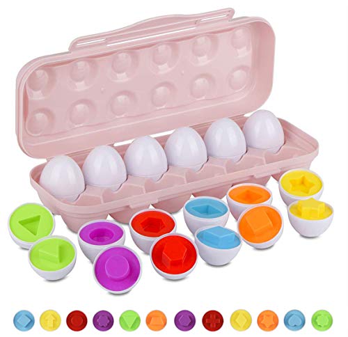 Hhyn Color Shape Matching Eggs for Toddlers Preschool Learning Educational Sorting Easter Eggs Toys Gift Recognition Skills for Kids Boys Girls with Pink Eggs Holder 12 Eggs - Image 1