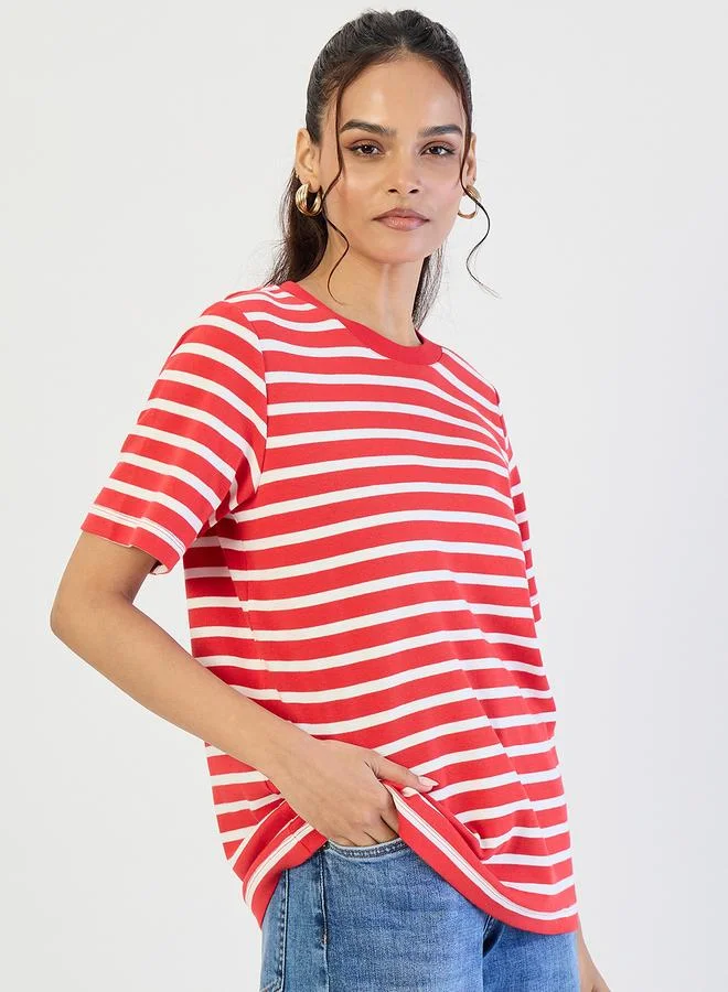 Femmella Red Striped Crew Neck Knit T-Shirt