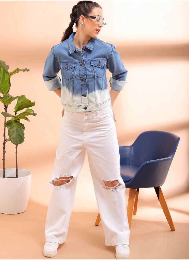 Freehand Women Casual Slim Fit Long Sleeve Distressed Denim Jacket 