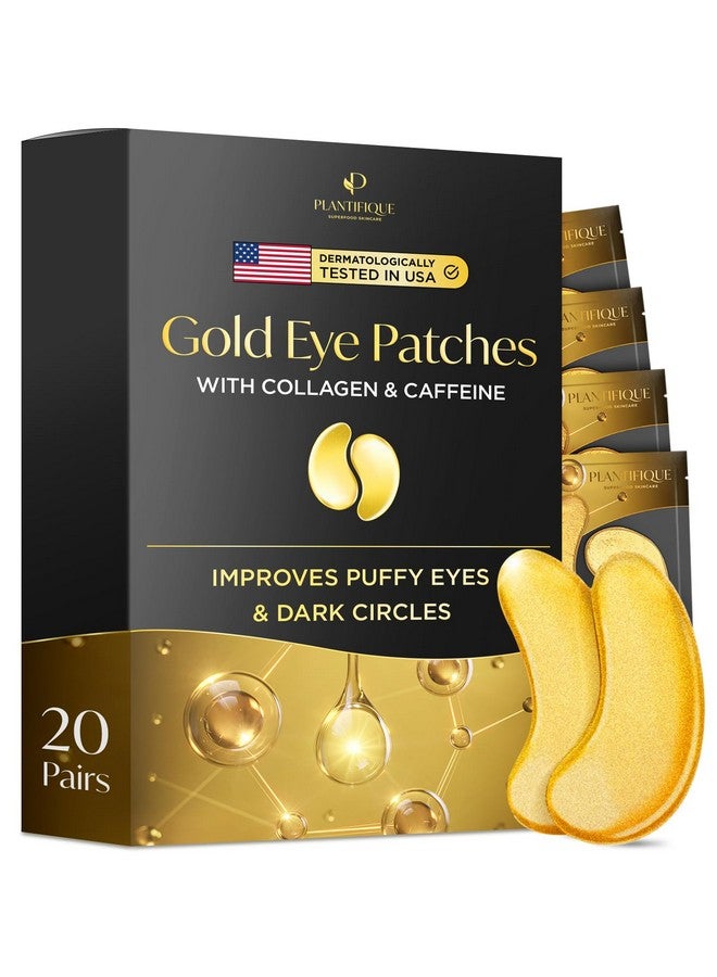 PLANTIFIQUE Gold Under Eye Patches for Puffy Eyes and Dark Circles 20 Pairs Under Eye Masks for Dark Circles and Puffiness Eye Gels with Collagen & Caffeine Anti Aging Gold Eye Mask Skincare - Image 1
