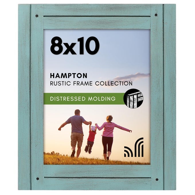 8X10 PICTURE FRAME WITH POLISHED CRYSTAL CLEAR GLASS HAMPTON COLLECTION DISTRESSED WOOD PICTURE FRAMES FOR TABLETOP AND WALL DISPLAY TURQUOISE BLUE