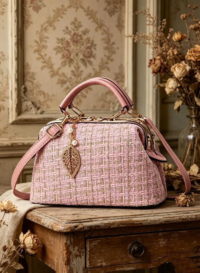 Take Two Pink Tweed Shoulder Bag with Leaf Charm