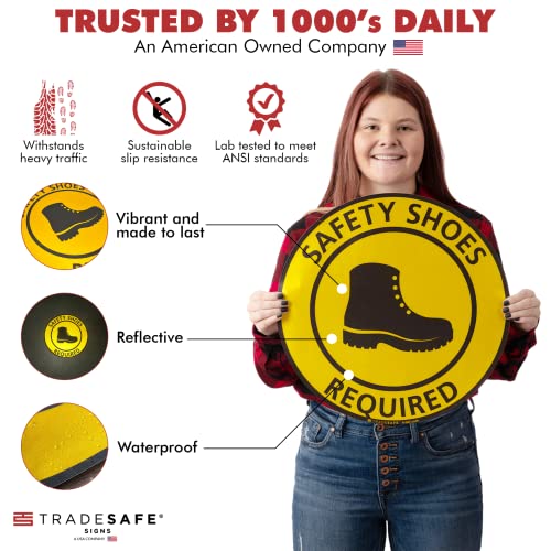 TRADESAFE Safety Shoes Required Anti-Slip Floor Sticker - Closed Toe Shoes Required Caution Sign, Peel and Stick Adhesive Vinyl Sign, ANSI-Compliant, 17” Diameter Round Sticker - Image 2