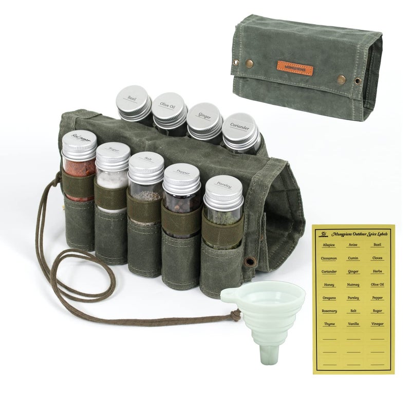 MONGPIENS Camping Spice kit with 9 spice Jar,rope,Spice Labels Sticker,Silicone Collapsible Funnel, Canvas Travel Seasoning container, portable spice bag for travel (MILITARY GREEN) - Image 1