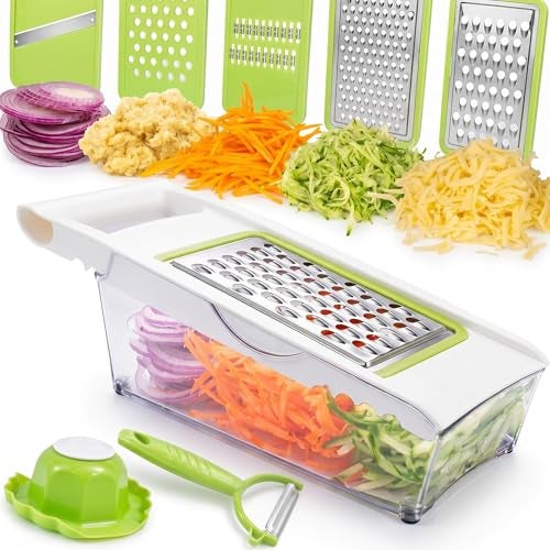 NACOLUS Cheese Grater with Container5 In 1 Mandoline Slicer for KitchenMulti Purpose Vegetable Slicer Easy to Clean Vegetable ChopperCheese ShredderJulienne Slicer and Peeler - Image 1