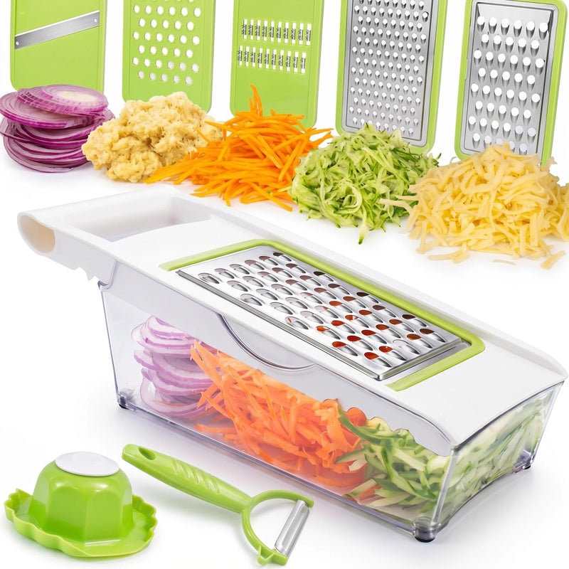 NACOLUS Cheese Grater with Container5 In 1 Mandoline Slicer for KitchenMulti Purpose Vegetable Slicer Easy to Clean Vegetable ChopperCheese ShredderJulienne Slicer and Peeler - Image 2